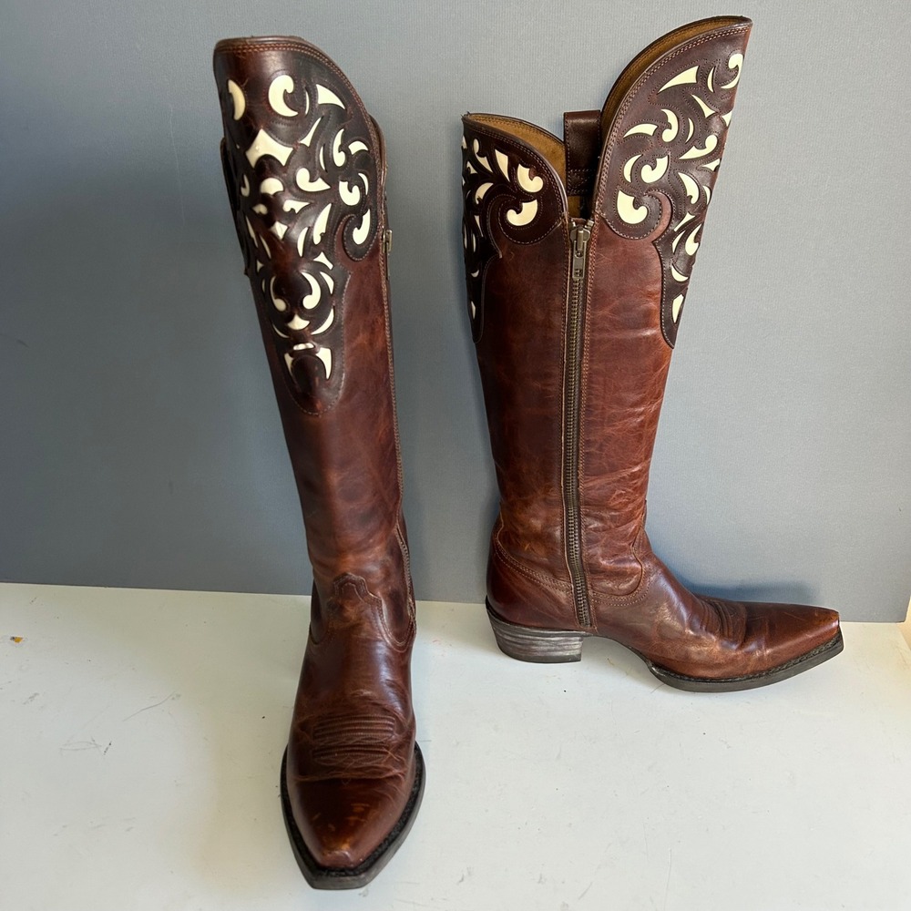 Ariat Tall Boots Women 8.5 Hacienda Brown Leather Western Boots Tooled Leather